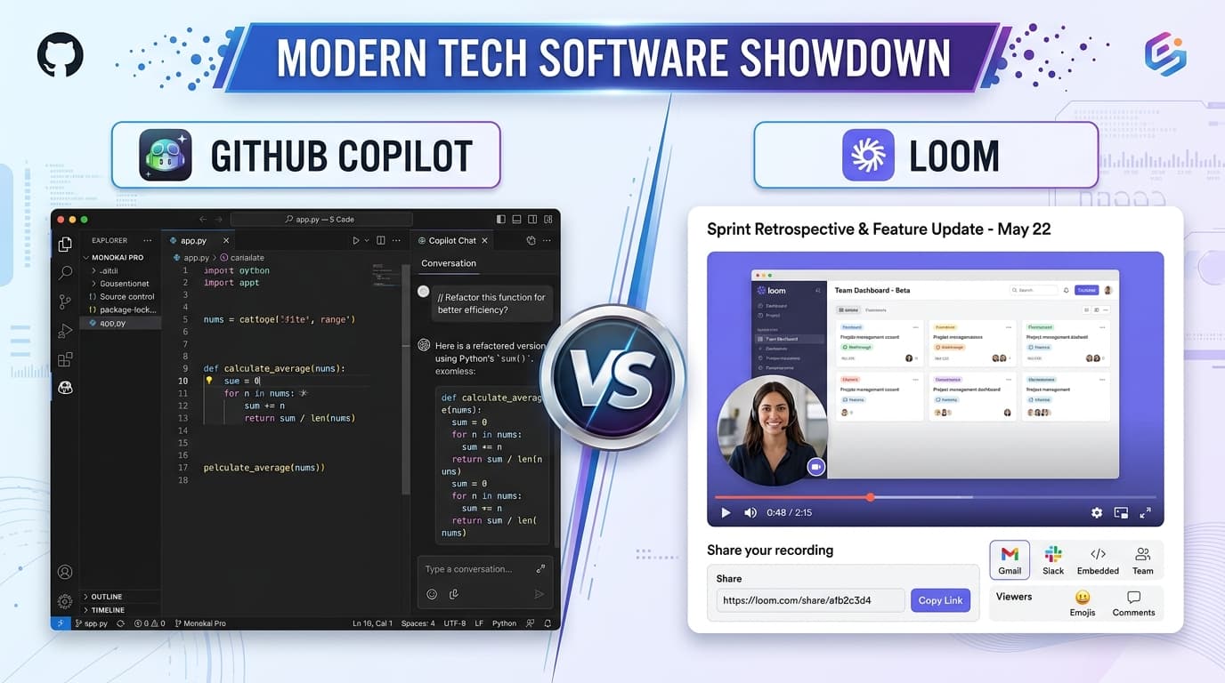GitHub Copilot AI code completion editor versus Loom asynchronous video screen recorder comparison