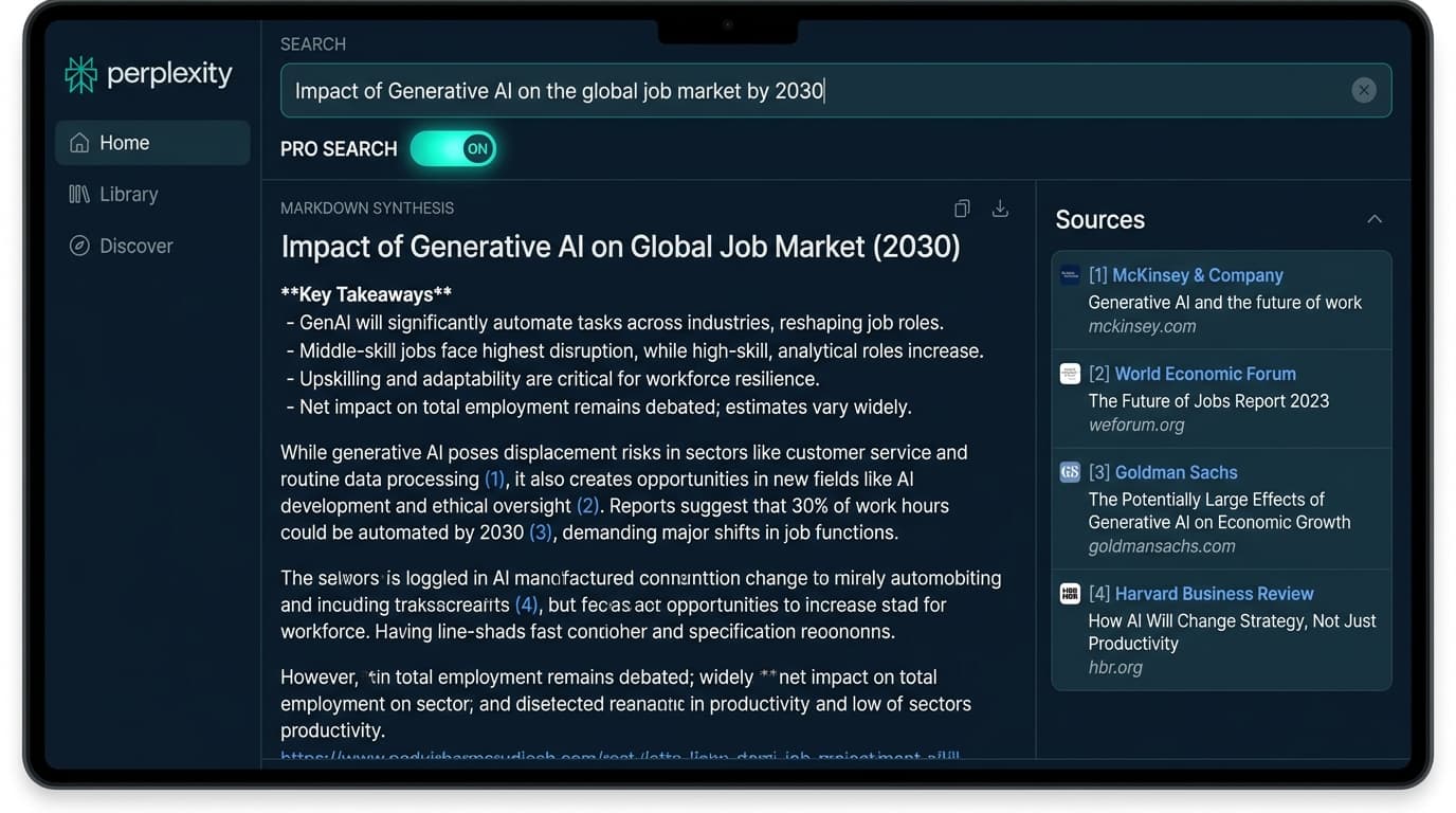 Perplexity AI conversational search interface displaying Pro Search results and live citation sources